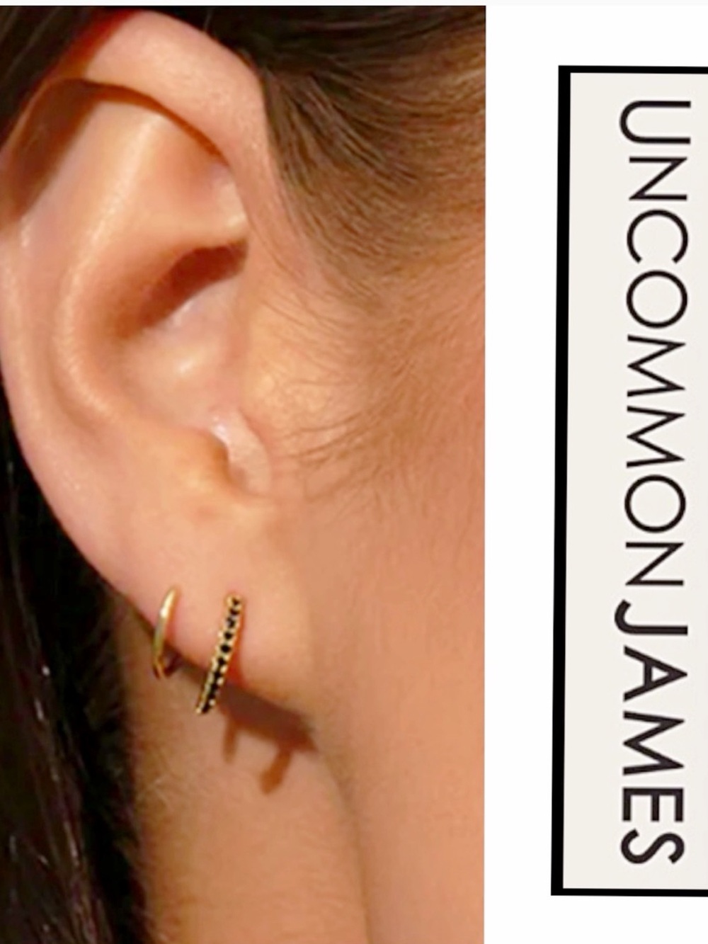 NWT Uncommon James, Seeing Double Spiral Hoop Gold Earrings with Black CZ Stones
